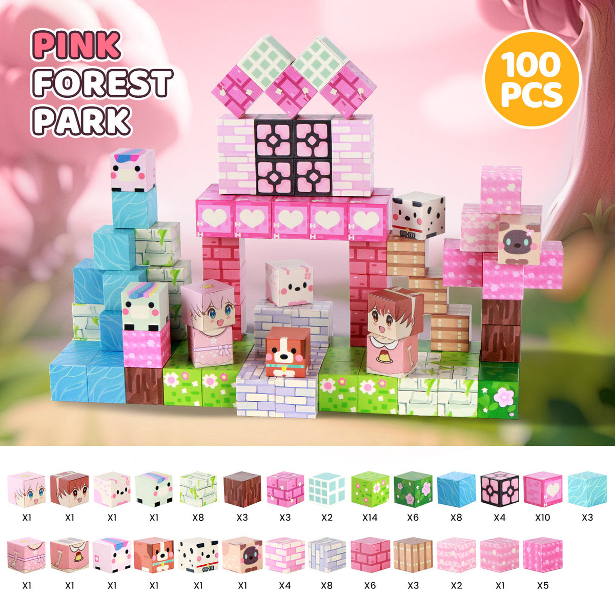100-Piece Pink Forest Park Magnetic Building Block Set