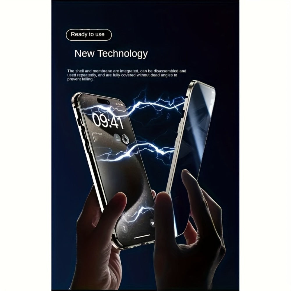Clear Back Privacy iPhone Case with Metal Frame & Magnetic Double-Sided Tempered Glass – Anti-Peep Anti-Spy Transparent Cover for iPhone 12 13 14 15 16 Pro Max Plus, Wireless Charging Compatible