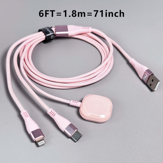 3-in-1 USB-A Charging Cable with Lightning, USB-C and Magnetic Watch Charger, Pink