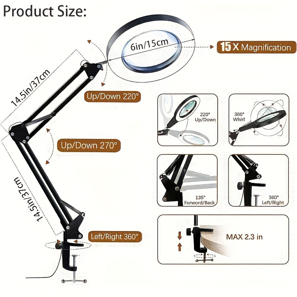 15X Magnifying Lamp with Clamp & Flexible Arm – USB LED Desk Light, 3 Color Modes 10 Brightness Levels, 360° Adjustable for Reading, Manicure, Eyelash, Sewing, Grooming & Precision Work