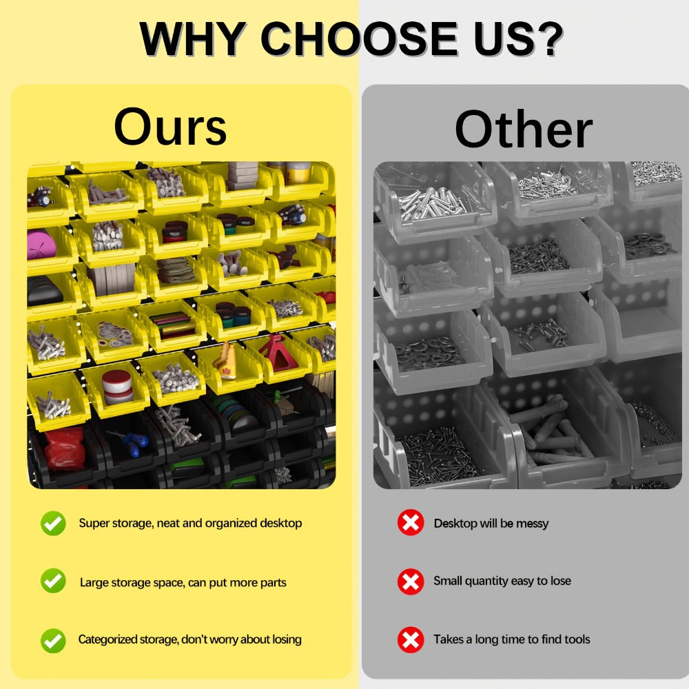 Wall Mounted Storage Bin Rack System – Heavy Duty Small Parts Organizer for Screws, Nuts, Bolts & Nails | Stackable Garage Workshop Tool Storage Rack | 30/60/90 Bins Hardware Organizer
