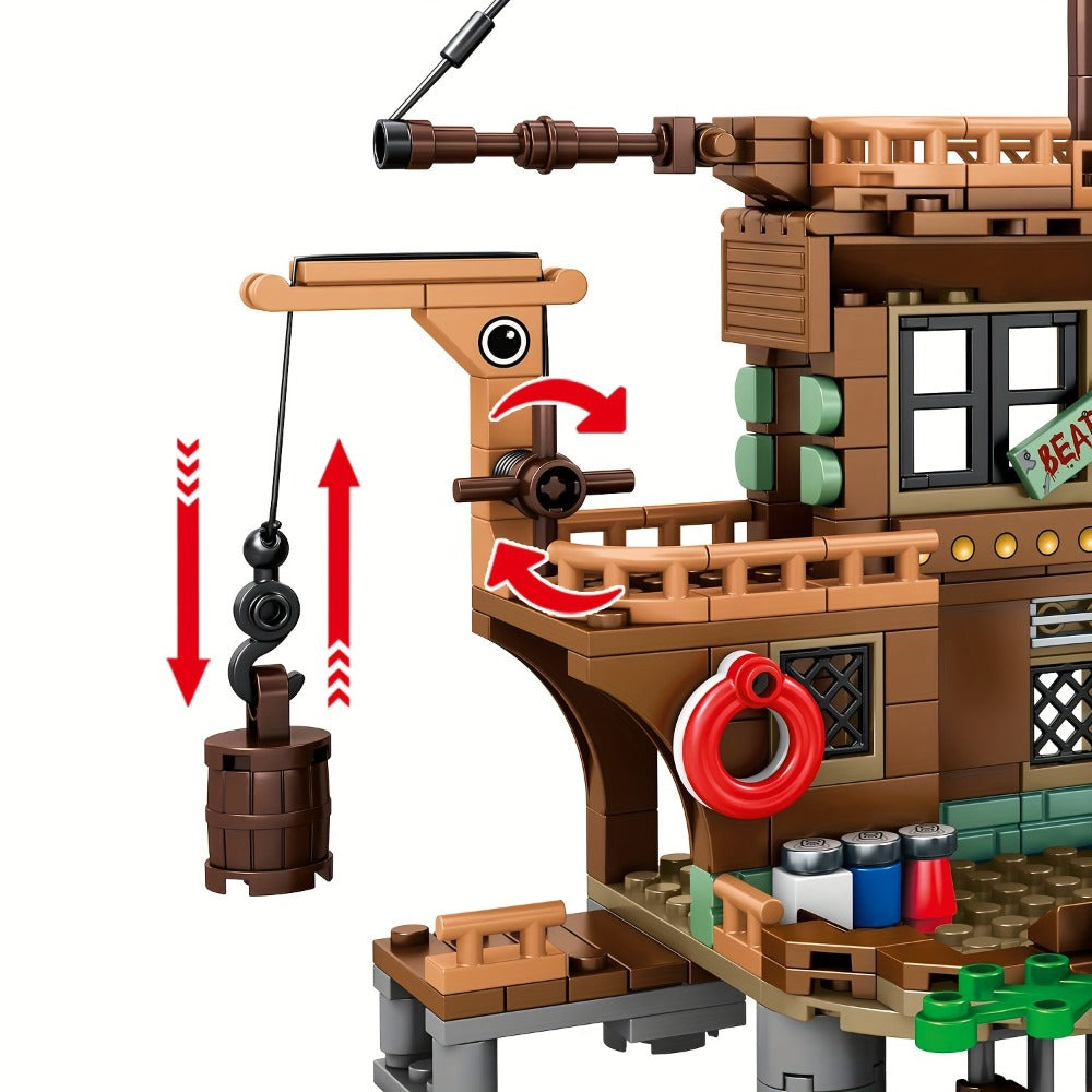 Pirate Ship Building Blocks Set, 573 Pieces Pirate's Wharf Supply Center for Ages 8+