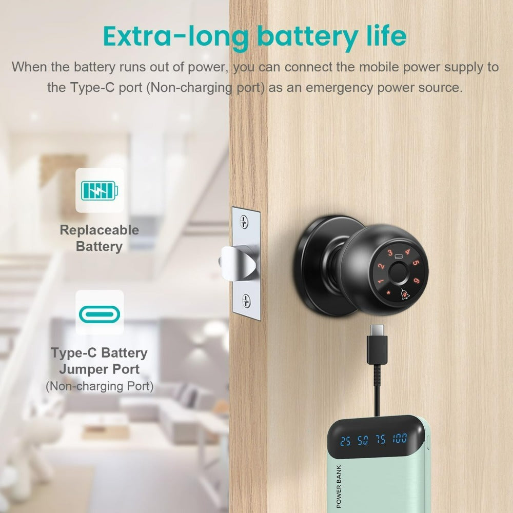 Biometric Handle Lock 5-in-1 Keyless Entry with Fingerprint, App, IC Card, Password & Backup Key – Silent Mode, Anti-Peep Keypad, Electronic Smart Door Handle for Bedroom Apartment Interior Door