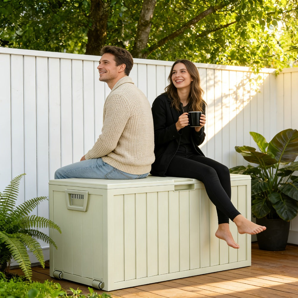 75 Gallon Outdoor Storage Box Waterproof Deck Box with Handles & Wheels – Large Patio Storage Cabinet for Pool Accessories, Garden Tools & Outdoor Furniture | Easy Assembly Lockable Deck Storage Chest