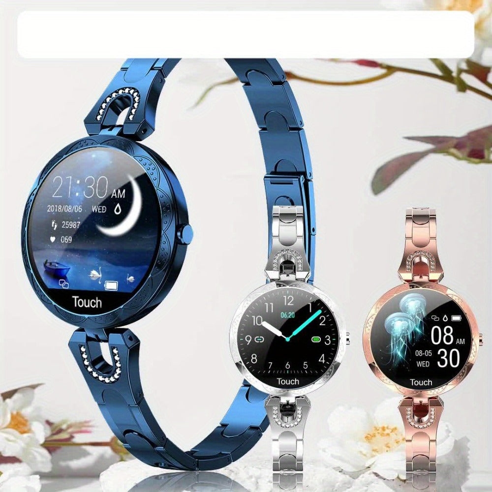 Diamond Rhinestone Smartwatch for Women Bling Luxury Chic Design 1.09 Inch Full Touch Screen Calling 100 Sport Modes Step Calorie Heart Rate Sleep Tracker Statement Jewelry Watch Gift for Her Blue