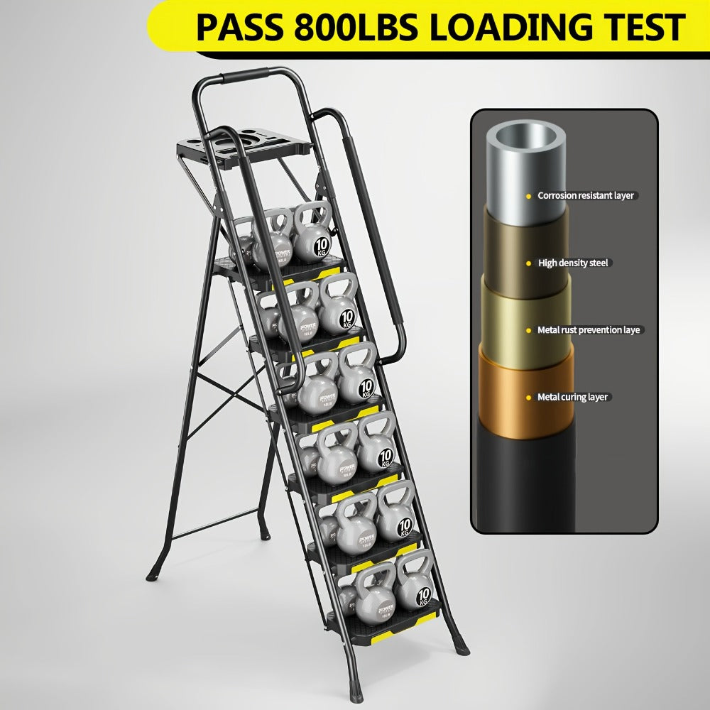6 Step Ladder with Handrails & Tool Platform 800 LBS – Folding Step Stool Wide Pedal Steel Safety Ladder for Adults, Painting, Home, Garage & Outdoor Use – Auto Safety Lock, Compact Storage