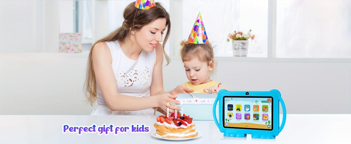 Educational Kids Tablet 7 Inch Android 14, Eye Protection Screen Parental Control GMS Certified, 2GB RAM 32GB ROM 2.4G Wi-Fi, Shockproof Case Dual Camera Pre-Loaded Learning Apps & Games, Children Tablet for Ages 3-12 – Blue Red