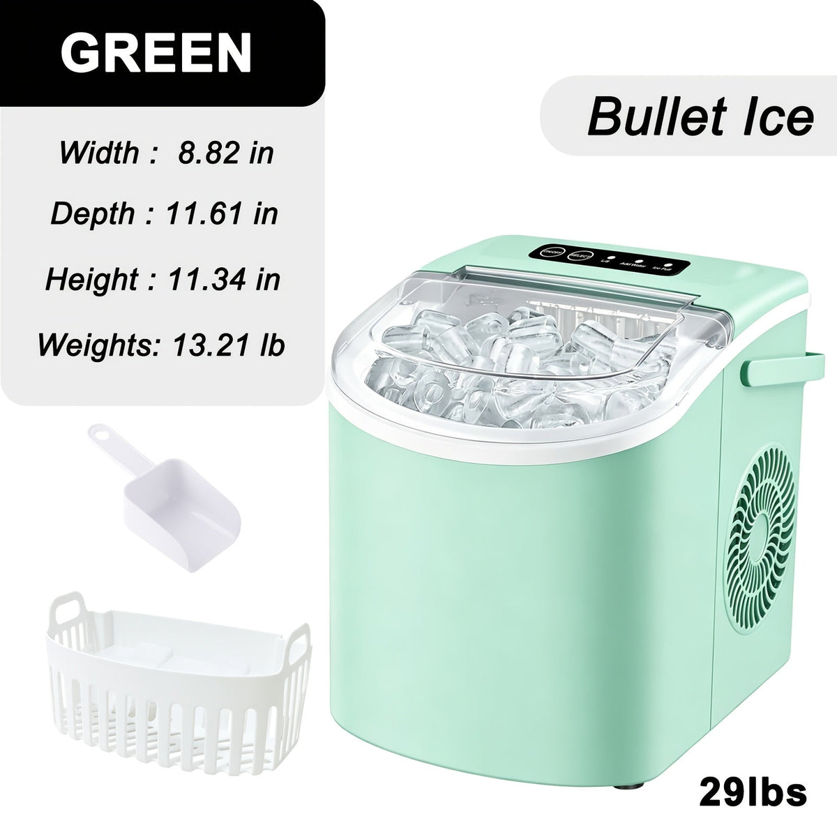 Ice Maker with Basket & Scoop – 26 Lbs/Day Countertop Bullet Ice Machine, 9 Cubes in 6 Mins, Self-Cleaning, 5 Colors Pink White Green Silver Black, for Home, Kitchen, Office, Bar, RV & Camping
