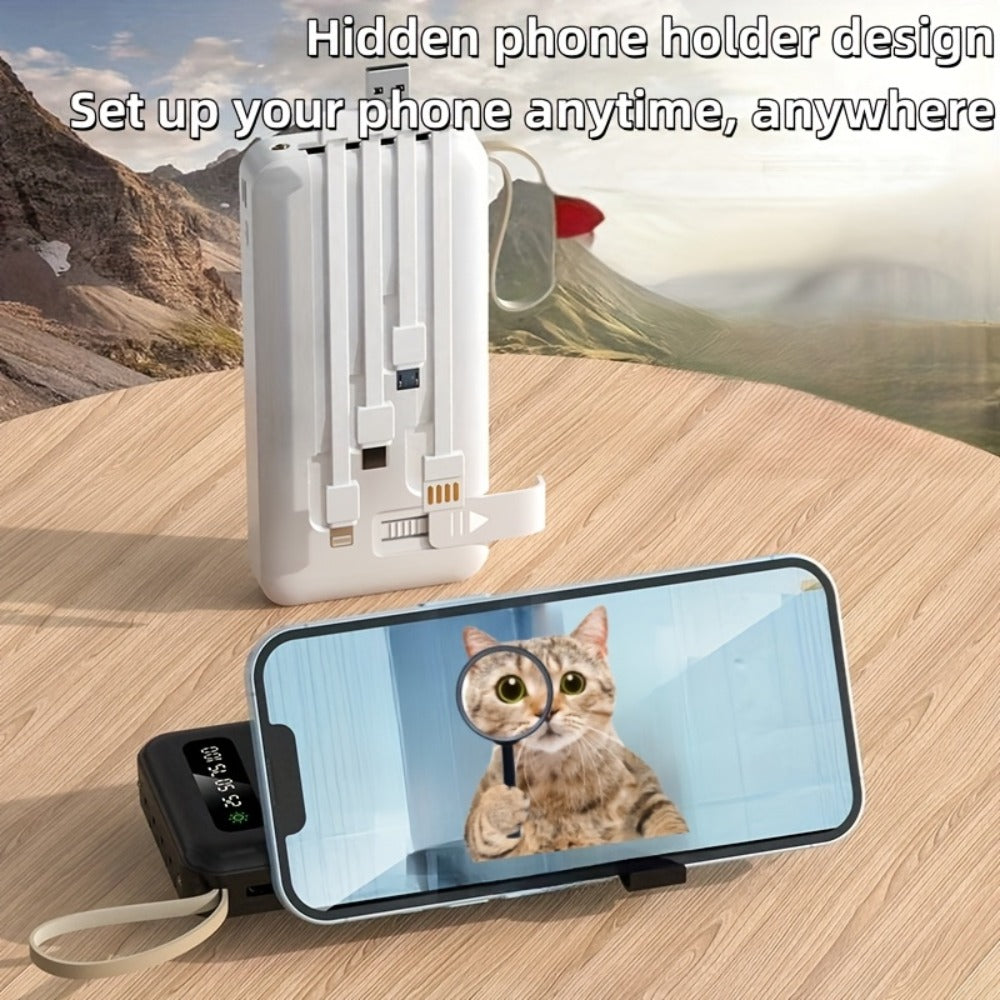 Solar Power Bank with Built-in 4 Cables LED Flashlight 15W Fast Charging Digital Display Dual USB USB-C Portable Charger 10000mAh 20000mAh 30000mAh for iPhone Android Camping Hiking