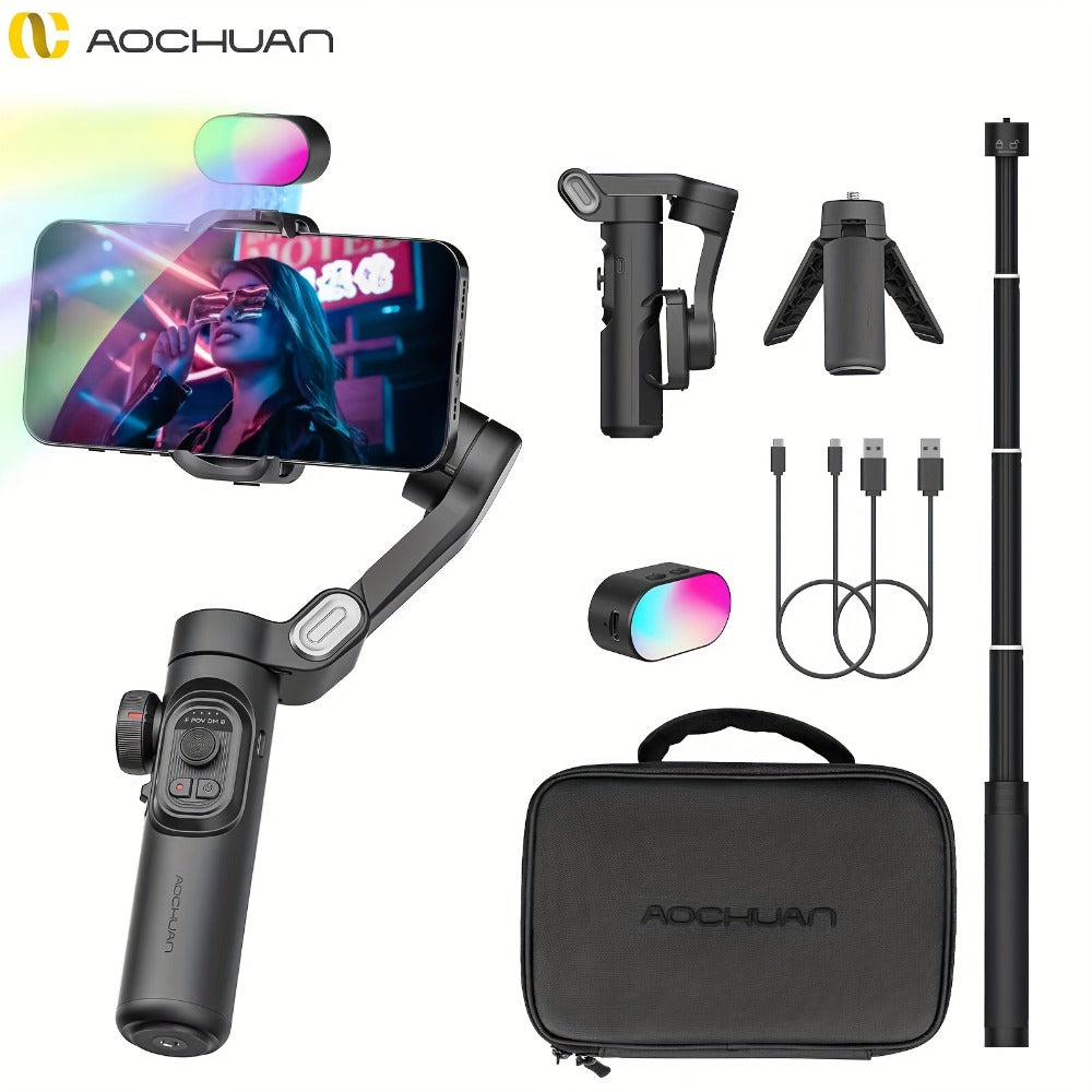 3-Axis Gimbal Stabilizer for Smartphone iPhone Samsung Android Ultra Lightweight Foldable Portable Vlogging Video Creator Gimbal AOCHUAN Smart XE Combo