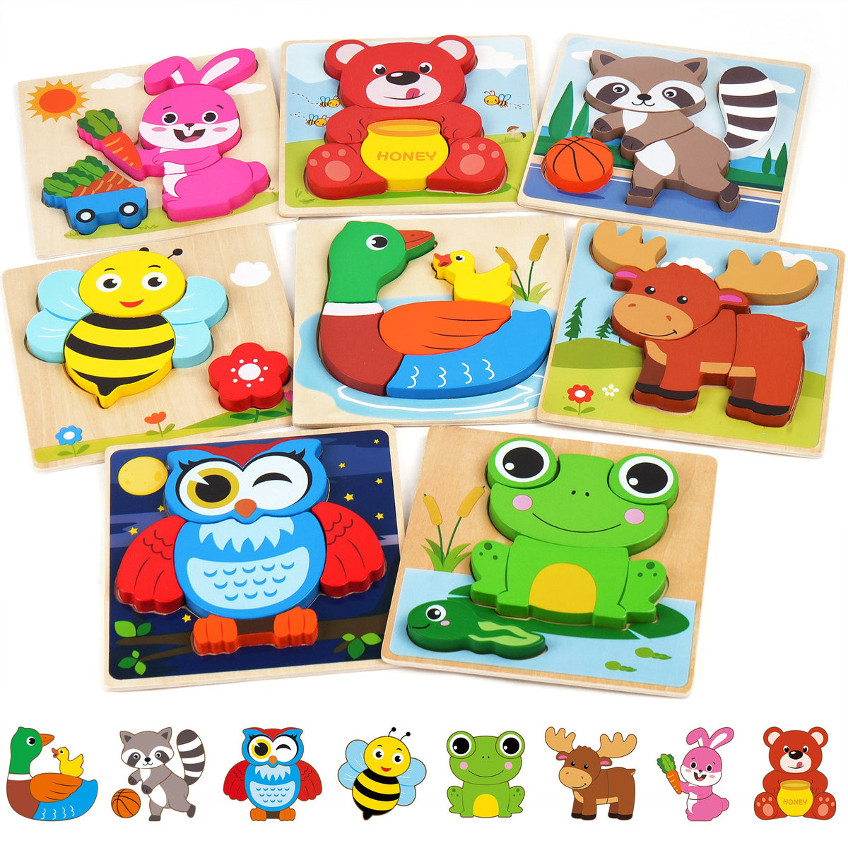 Wooden Animal Puzzles for Toddlers, 8-Pack – Colors & Shapes Learning Set Ages 1-3