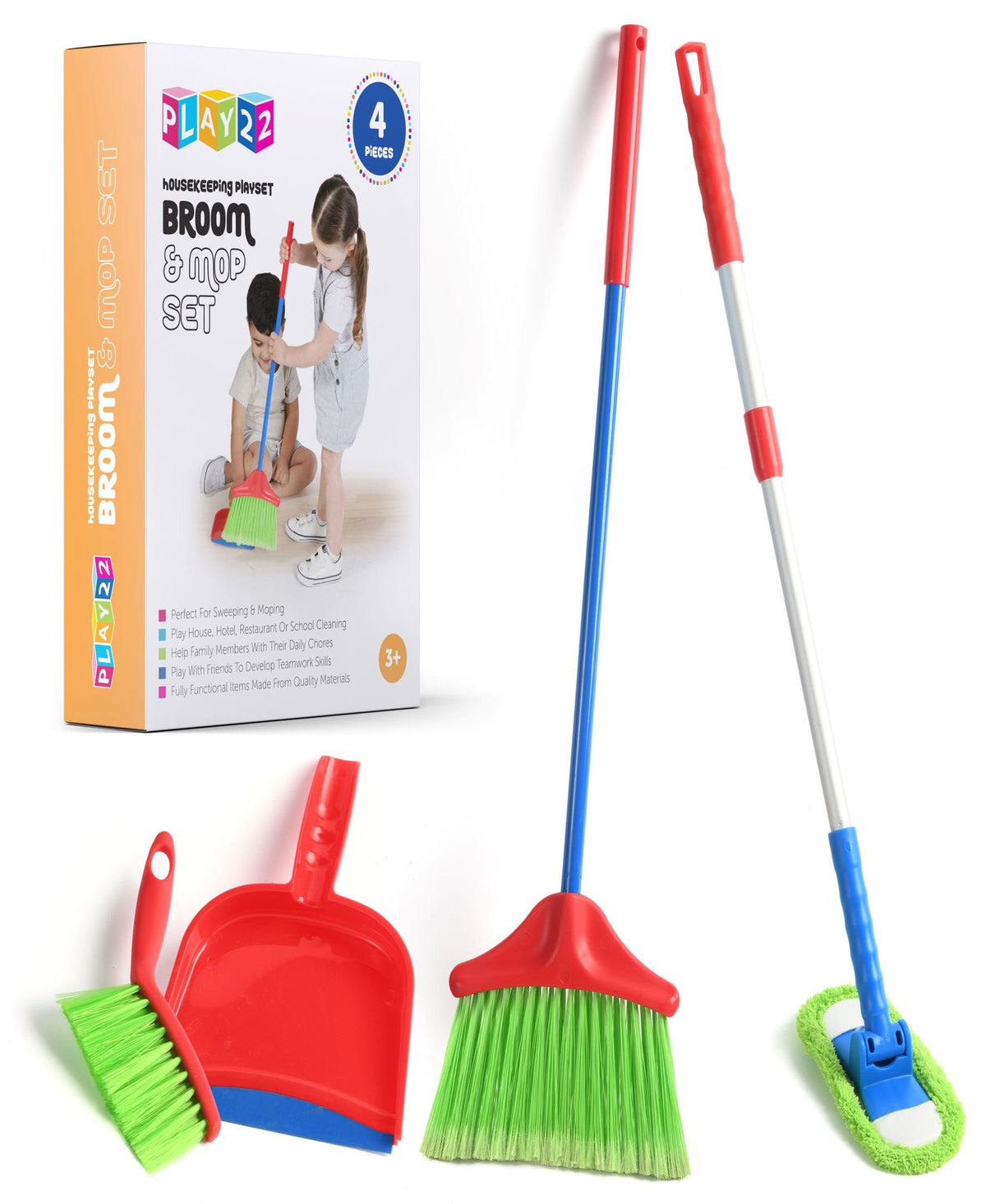 Kids Cleaning Toy Set, 4 Pieces with Broom, Mop, Brush & Dustpan