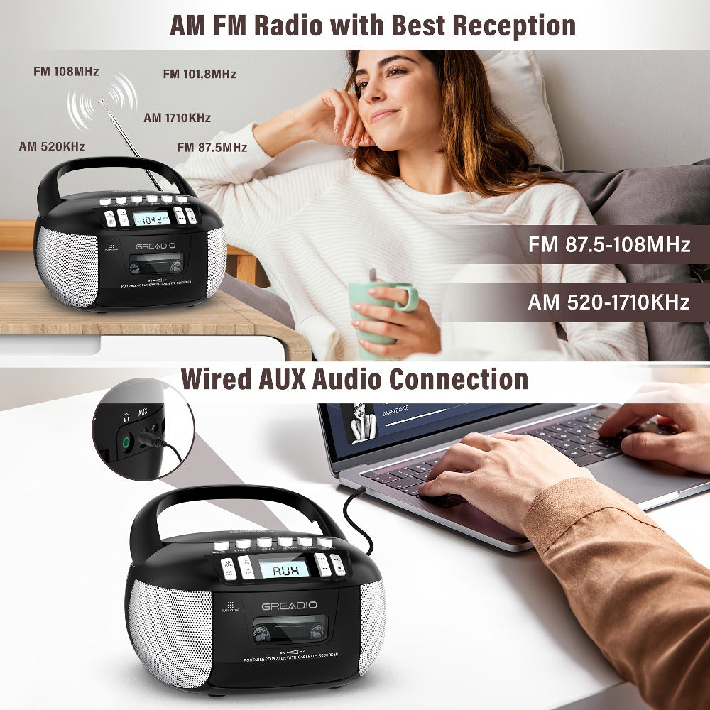 CD and Cassette Player Combo Boombox Portable AM FM Radio Tape Recording Stereo Sound AC DC Powered AUX Headphone Jack Sleep Timer for Home Seniors