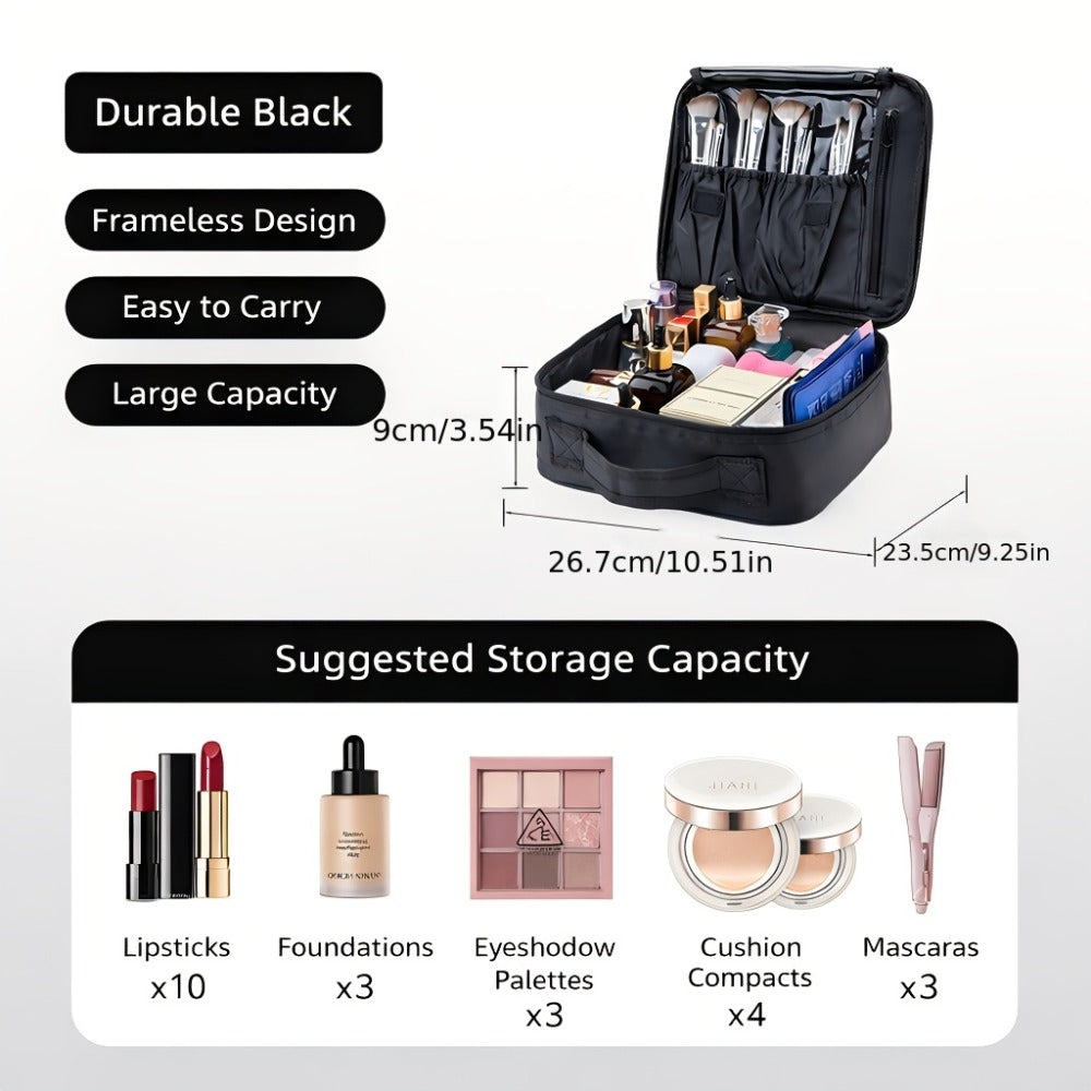 Large Makeup Bag for Women Travel Toiletry Case Durable Fabric Cosmetic Organizer Sturdy Handle Easy Clean Lining for Brushes Lipstick Skincare Beauty Storage Pouch Black 10.24x9.06 Inch