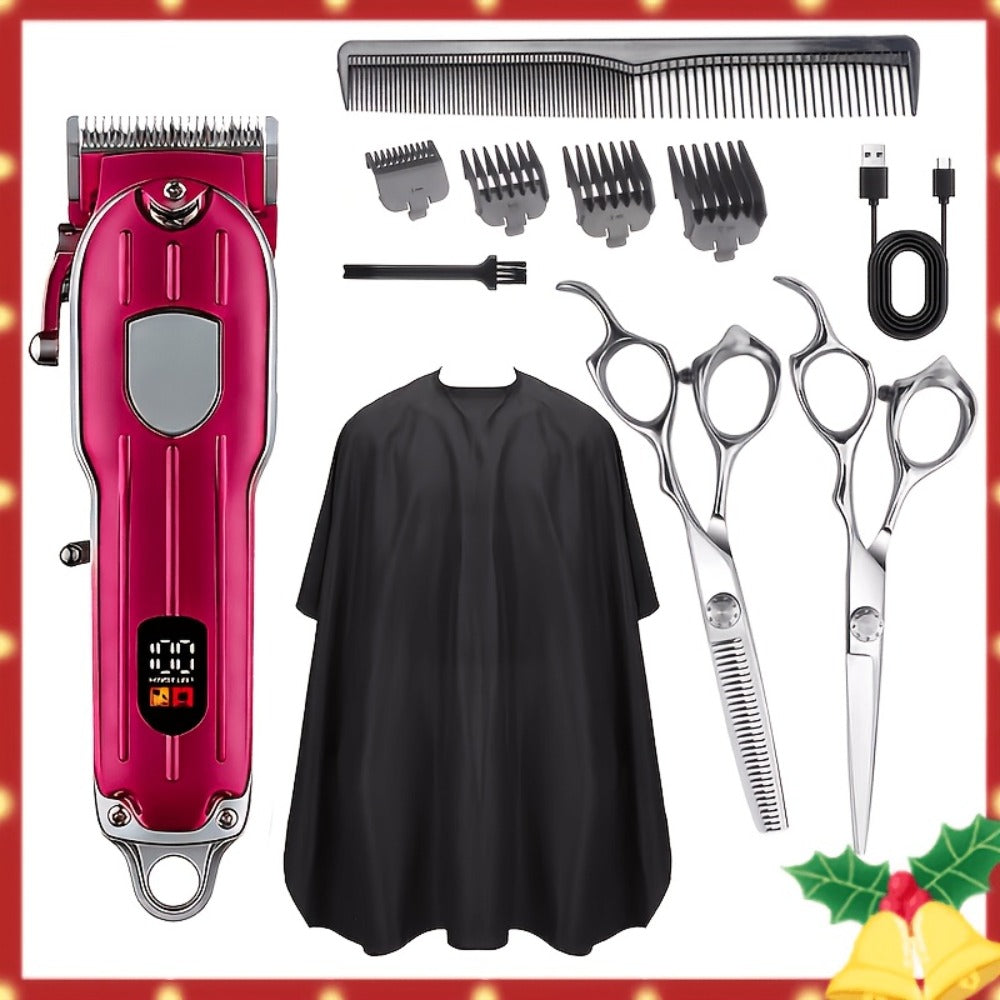 Barber Hair Clipper Kit for Men — USB Rechargeable Digital Size Adjustment, Complete Set with Scissors & 4 Limit Combs, Professional Home Barbering Grooming Set, Gift for Dad & Husband
