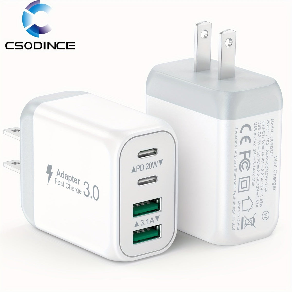 40W 4-Port USB-C Wall Charger 2-Pack PD 3.0 Fast Charging Block Cube – Multi-Port Charger for iPhone 15 14 13 12 XR SE iPad Pro Mini Air Google Pixel Android – Type-C Power Adapter Duo