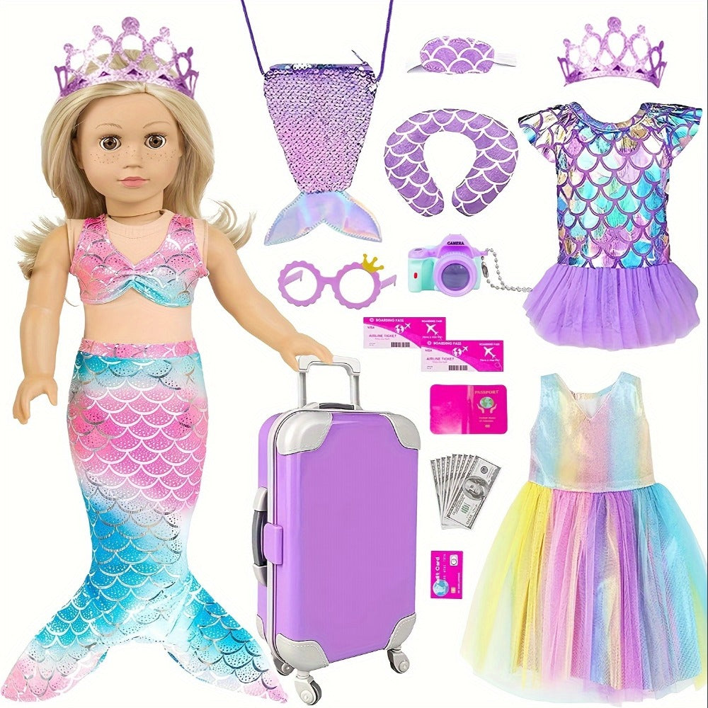 18-Inch Doll Mermaid Travel Accessory Set with Outfit and Luggage
