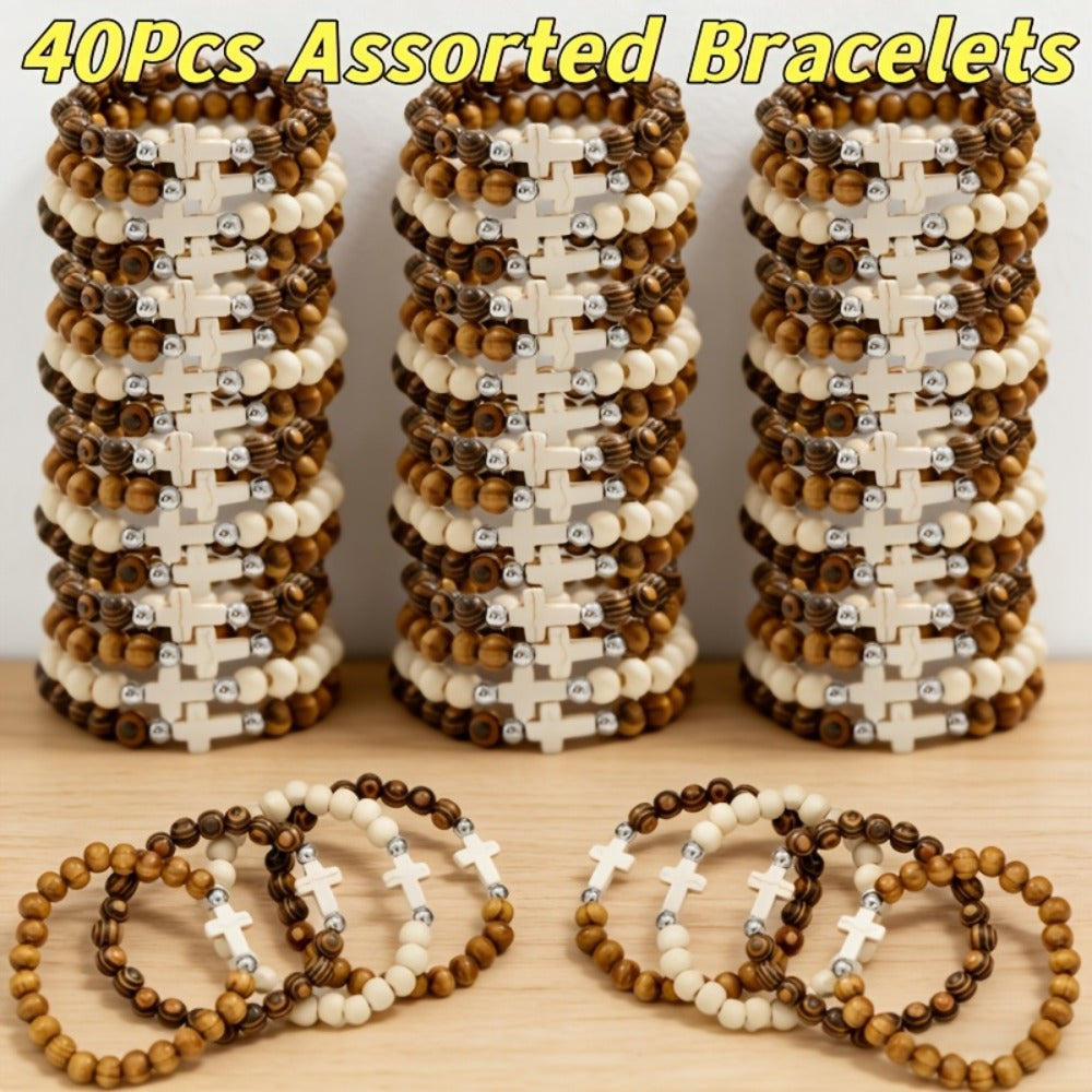 Cross Bracelets Bulk Set – Alloy Cross Pendant Woven Elastic Bracelets, 20 or 40 Pcs Assorted