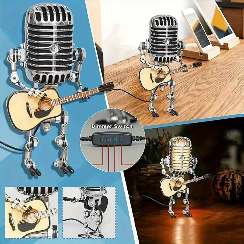 Vintage Microphone Robot Guitar Lamp USB Powered – Retro Decorative Night Light for Music Lovers, Guitar Players, Home, Bar & Office Desk Decor (Red / Yellow)