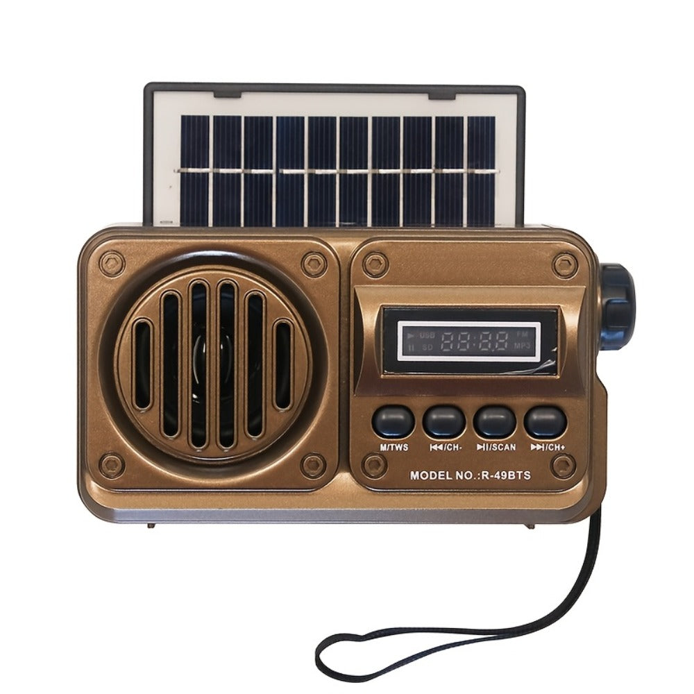 FM Portable Radio R-49BTS Retro Solar Panel Bluetooth Speaker, USB TF Card Playback, Loud Digital Radio for Indoor Outdoor Travel Emergency Camping, Independence Day Gift