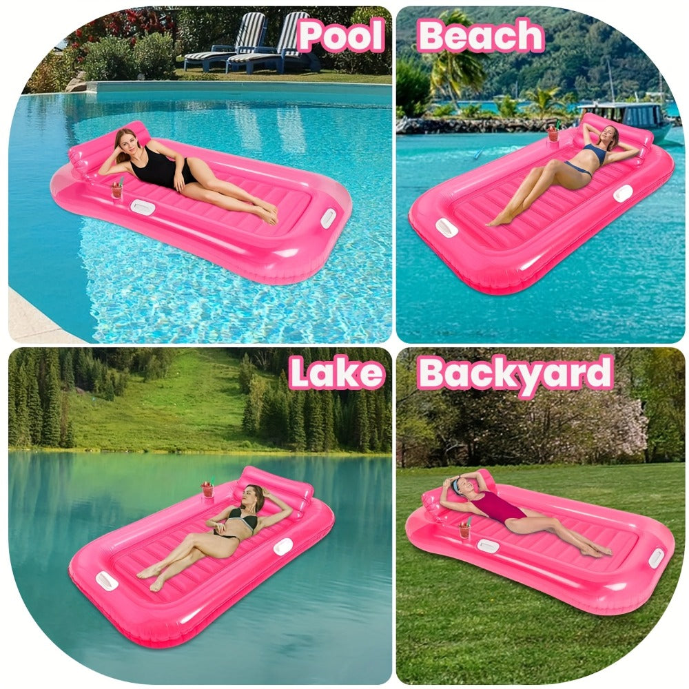 Inflatable Pool Lounger Sunbed with Removable Headrest and Cup Holders