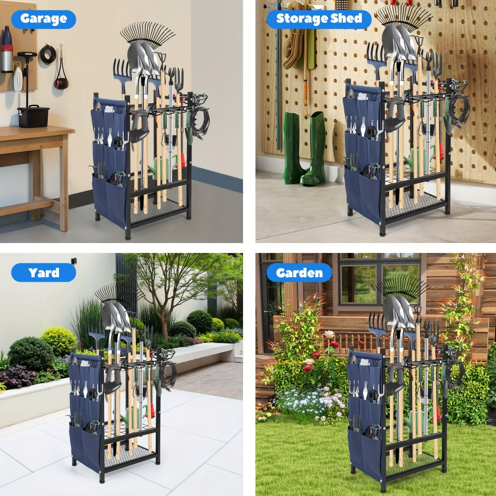 Tool Storage Rack with Storage Bag – Metal Yard Tool Organizer for Garage Holds 35 Long-Handled Tools, Broom, Shovel, Rake Stand Holder, Heavy Duty Freestanding Garden Tool Rack for Outdoor & Yard, Black