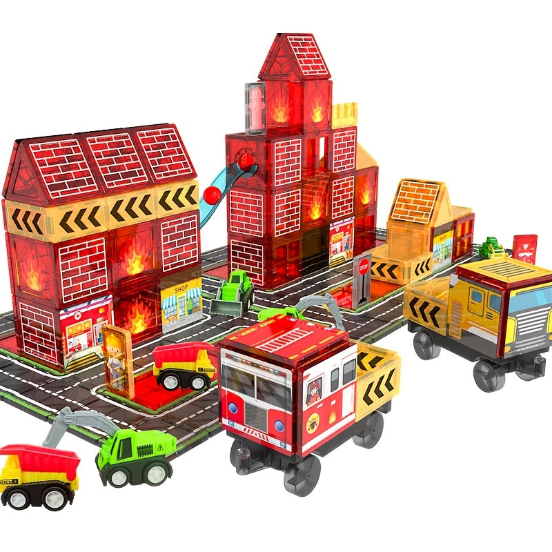 Magnetic Tiles Building Set, Firefighting Theme, Fire Truck & Station