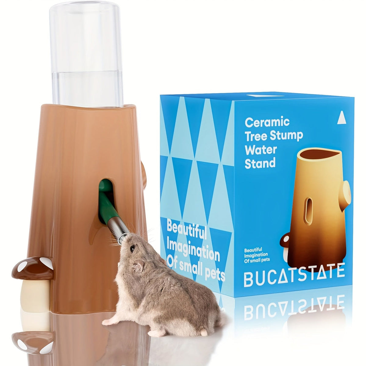 Ceramic Pet Water Bottle with Holder - BUCATSTATE Leakproof Small Animal Water Feeder for Hamsters Guinea Pigs Rabbits - Cute Cactus & Stump Design Cage Water Dispenser for Small Pets