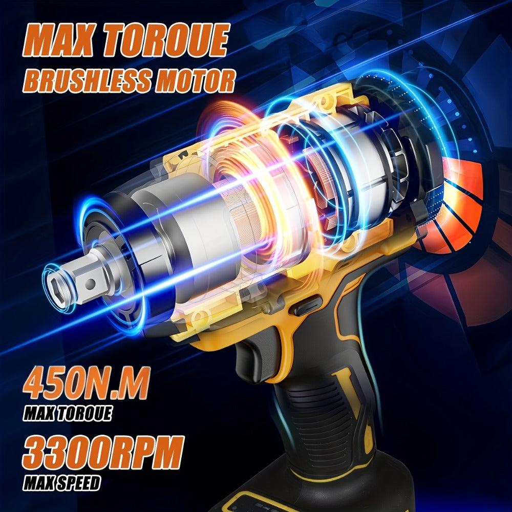 Cordless Impact Wrench 1/2 Inch Brushless – 450N.m 259Ft-lbs High Torque Impact Gun, 3300RPM Variable Speed, 12 Sockets, Fast Charger & Dual Battery Options for Auto Repair & Home Use