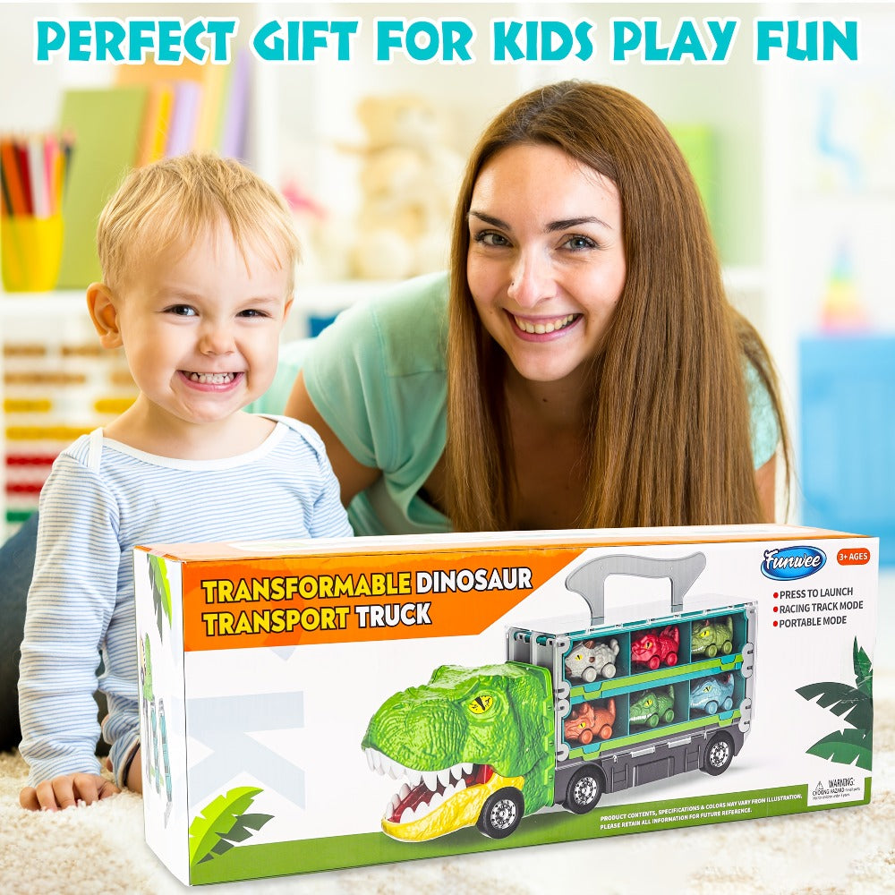 Dinosaur Truck Toy Carrier with 63-Inch Foldable Race Track, 13-in-1 Set with 12 Cars & 2-Player Racing
