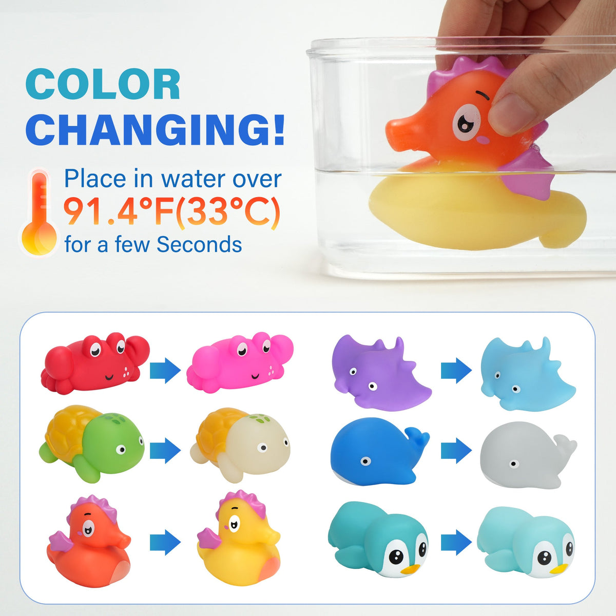 Color Changing Baby Bath Toys 6pcs No Hole – Sea Animal Bathtub Squirt Toys for Toddlers & Kids | Mold-Free BPA-Free | Christmas Birthday Gift for Boys & Girls Ages 1-6