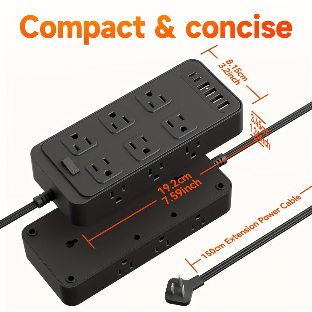 Flat Plug Power Strip 18-in-1 Fire-Resistant Surge Protector with 12 AC Outlets & 6 USB Ports (4 USB-A & 2 USB-C), 5ft Extension Cord, Charging Station for Home, Office & Travel