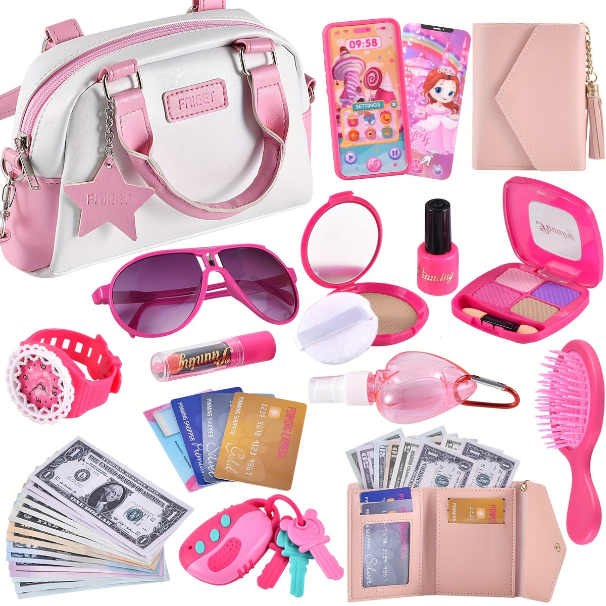 Pretend Play Purse Set with Toy Phone, Pretend Makeup, Keys & Crossbody Bag, Pink