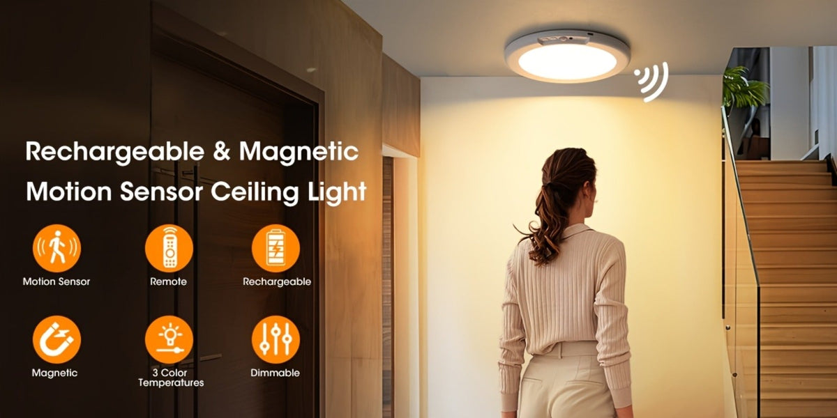 Rechargeable LED Ceiling Light with Motion Sensor – Remote Control Dimmable, 3 Color Temps 3000K/4500K/6500K, 10 Brightness Levels, Battery Operated Closet Light for Bathroom Hallway Pantry Porch
