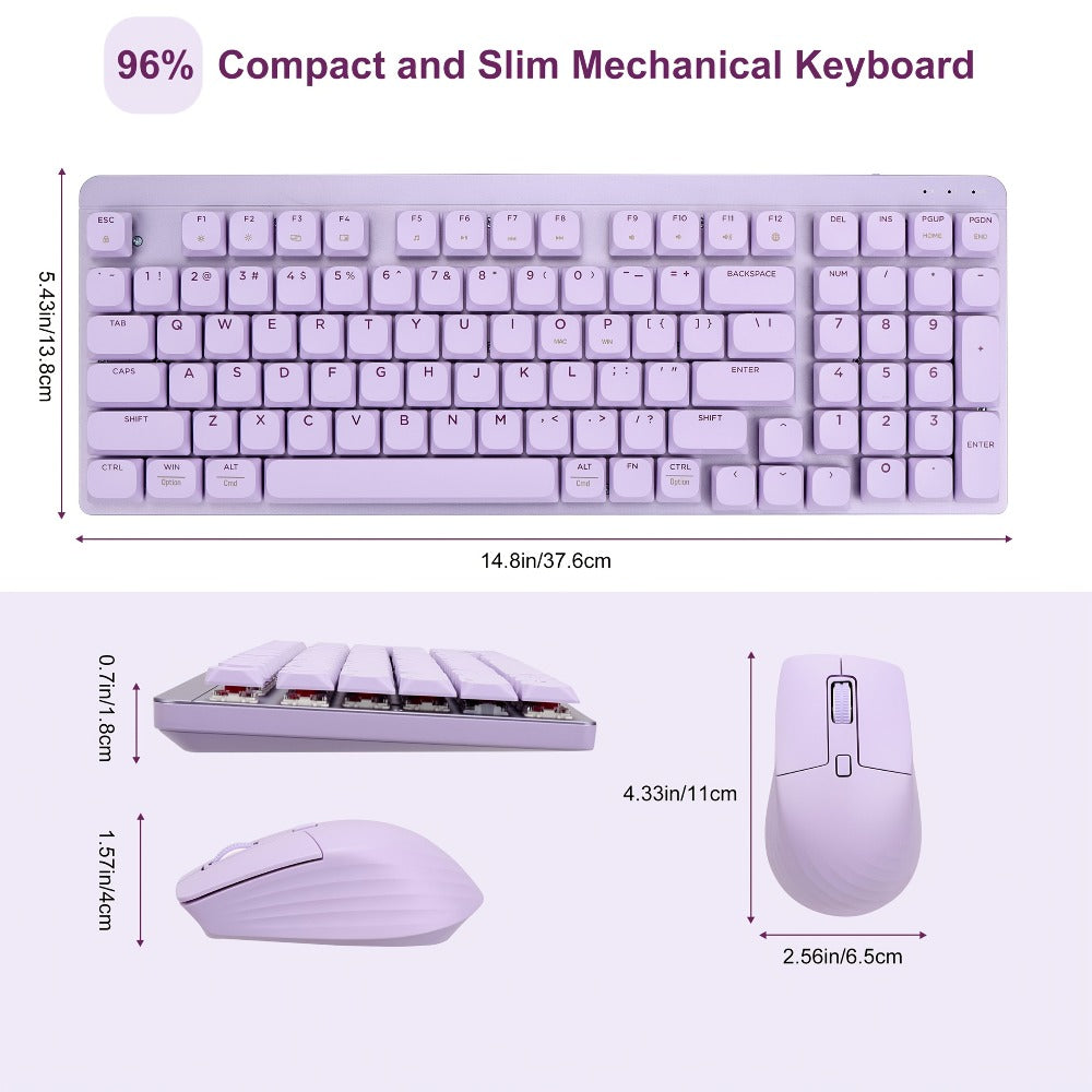 LeadsaiL FA98 Low Profile Wireless Mechanical Keyboard and Mouse Combo – 2.4GHz 98-Key 96% Slim Red Switch Silent Mouse, Ergonomic Design for Windows & Mac | Aesthetic Colors Purple, Silver & Pink