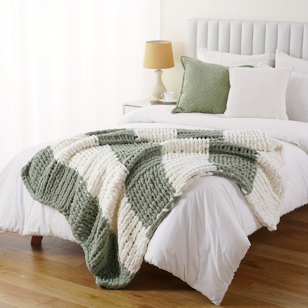 Chunky Chenille Cable Knit Throw Blanket – 350-400gsm Soft Warm Crochet Throw for Sofa, Bed & Couch, Vintage Patchwork, 14 Colors