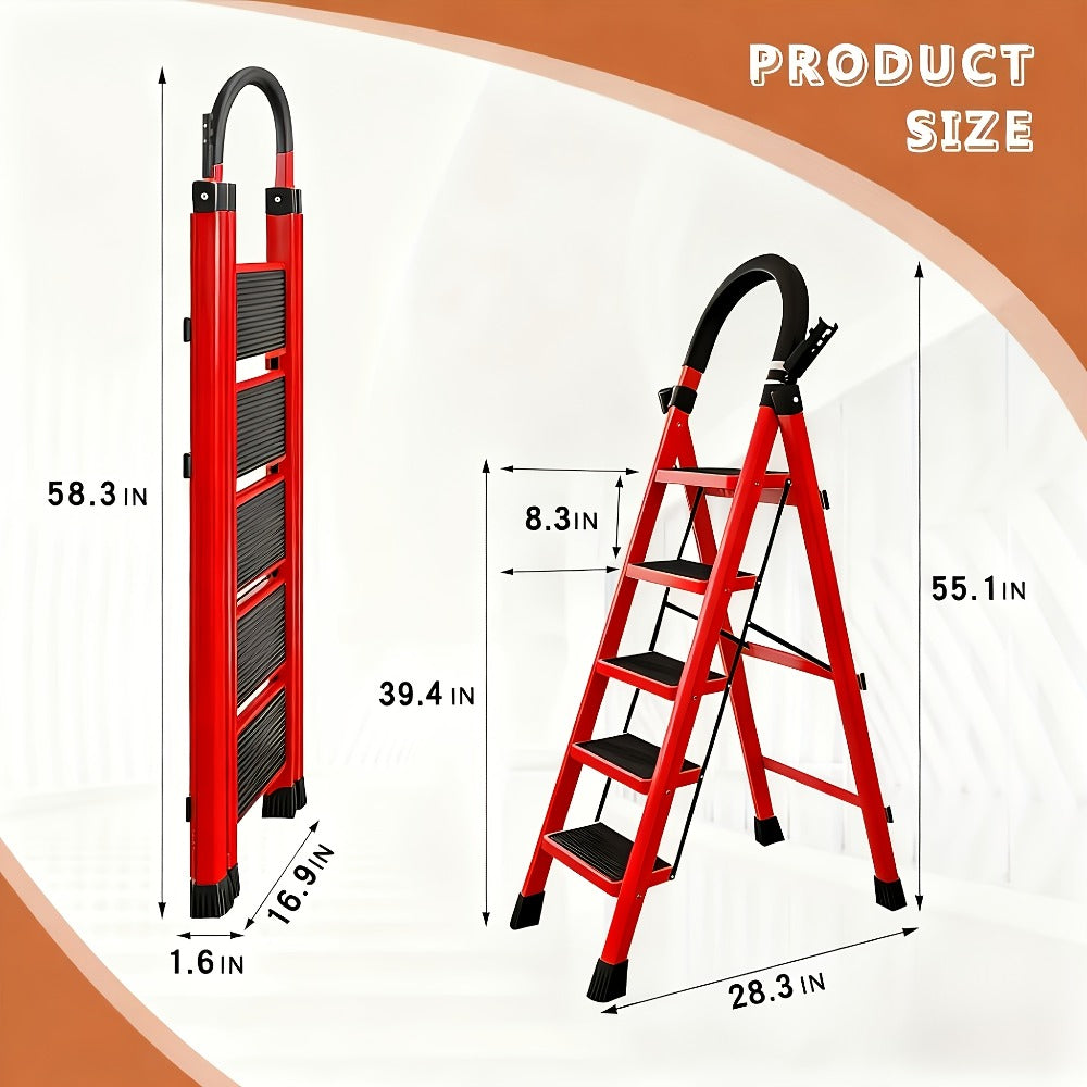Folding Step Stool 5 Step 500 LBS Anti-Slip – No Assembly, One-Hand Fold, Soft Grip Handle, Wide Pedals, Auto Safety Lock, Portable Lightweight Ladder for Home, Kitchen, Bedroom & Industrial Use