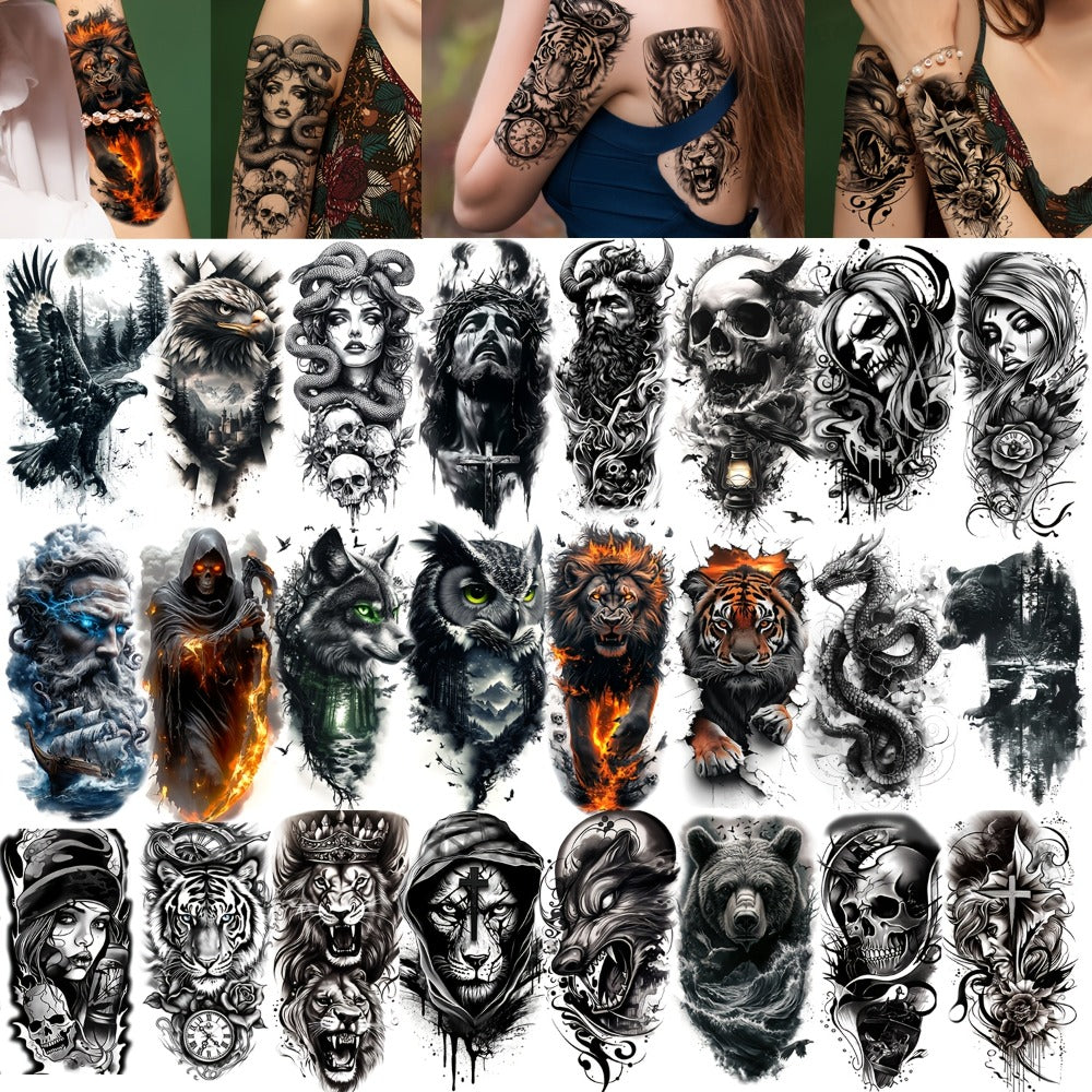 Half Sleeve Temporary Tattoos 24 Pack Realistic 3D Waterproof Lion Eagle Skull Greek God Gothic Forearm Body Stickers Long Lasting for Men Women Adults Halloween Festival