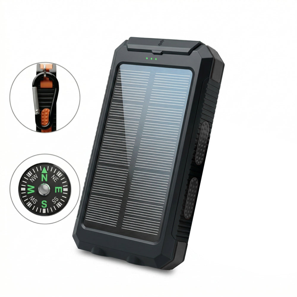 Solar Power Bank 20000mAh Portable Charger for Camping Hiking Outdoor Survival – Dual USB LED Flashlight Compass Emergency Battery Pack for iPhone Android – Black Orange