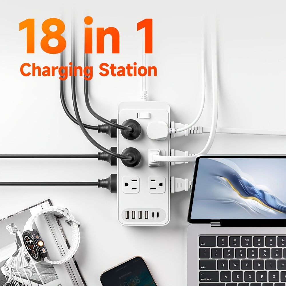 Flat Plug Power Strip 18-in-1 Fire-Resistant Surge Protector with 12 AC Outlets & 6 USB Ports (4 USB-A & 2 USB-C), 5ft Extension Cord, Charging Station for Home, Office & Travel