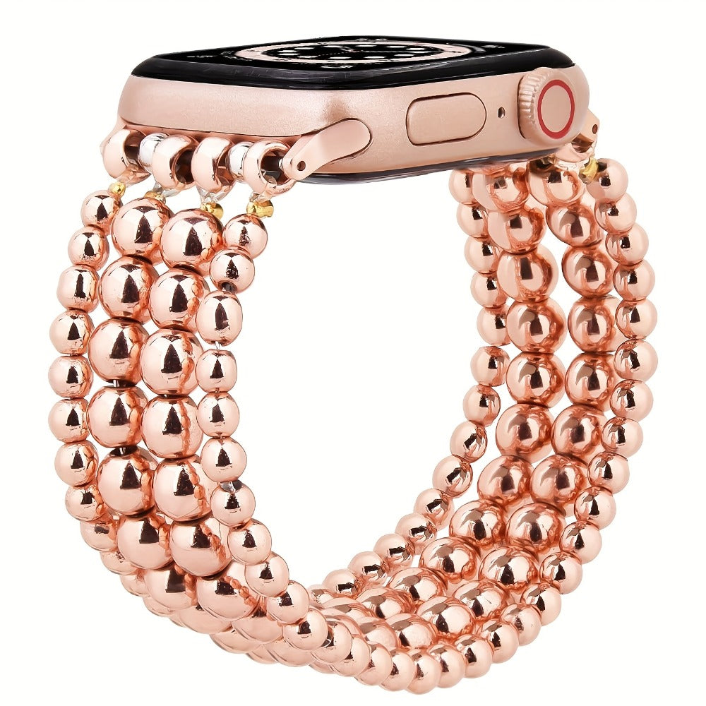 Stainless Steel Beaded Apple Watch Band Handmade Elastic Stretch Bracelet No-Buckle Slip-On Strap for Series 1-11 SE Ultra 38mm 40mm 41mm 42mm 44mm 45mm 46mm Women Girls Silver Rose Gold Silvery Grey