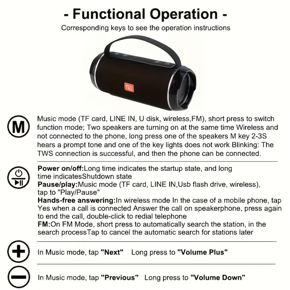 TG116C IPX4 Portable Bluetooth 5.0 Speaker 1200mAh Rechargeable Wireless Speaker USB TF FM Type-C Charging Surround Sound for Outdoor Travel Home Mobile