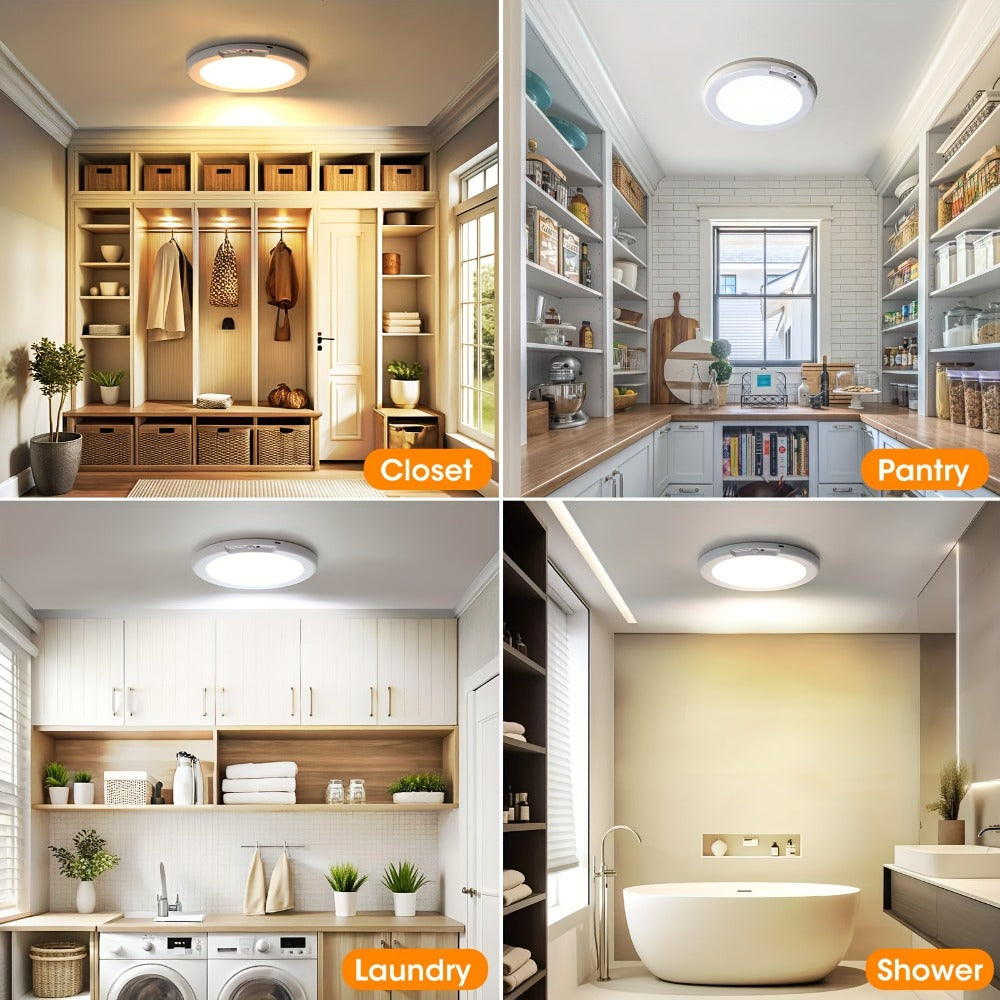 Rechargeable Ceiling Light No Wiring – Battery Operated LED Ceiling Light with Remote Control, Motion Sensor, Dimmable & Timer, Wireless Overhead Light for Bathroom Pantry Hallway Closet Porch Garage