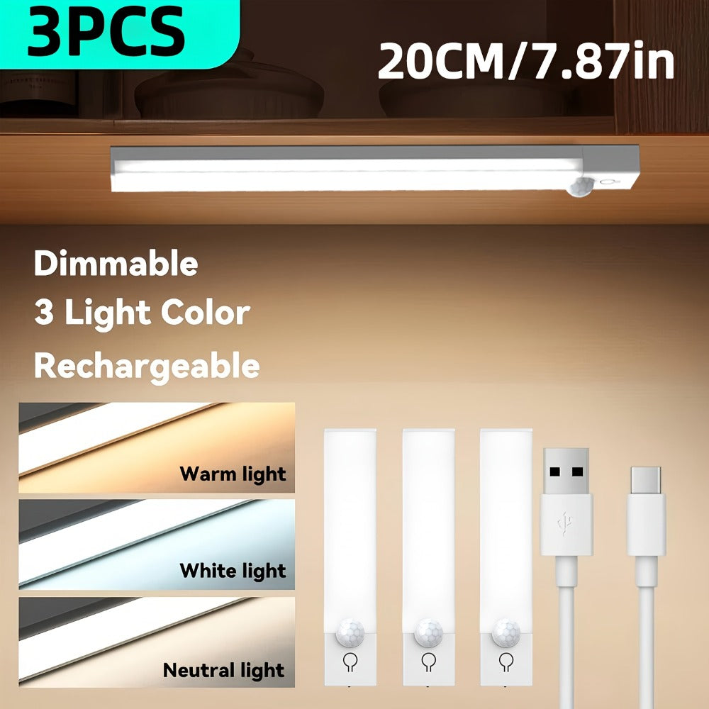 Motion Sensor Light 3 Pack USB Rechargeable LED Cabinet Light Dimmable 3 Color Temps Magnetic Base for Kitchen Closet Stairs Hallway Bedroom 7.87" 11.81"