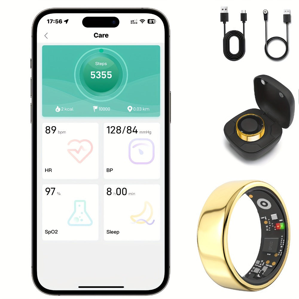 Smart Ring with Health Tracking & Charging Case – Step Count Calorie & Sleep Monitor | Long Battery | iOS & Android | Sizes #7–13 | Black Silver Gold | Minimalist Fitness Wearable Gift