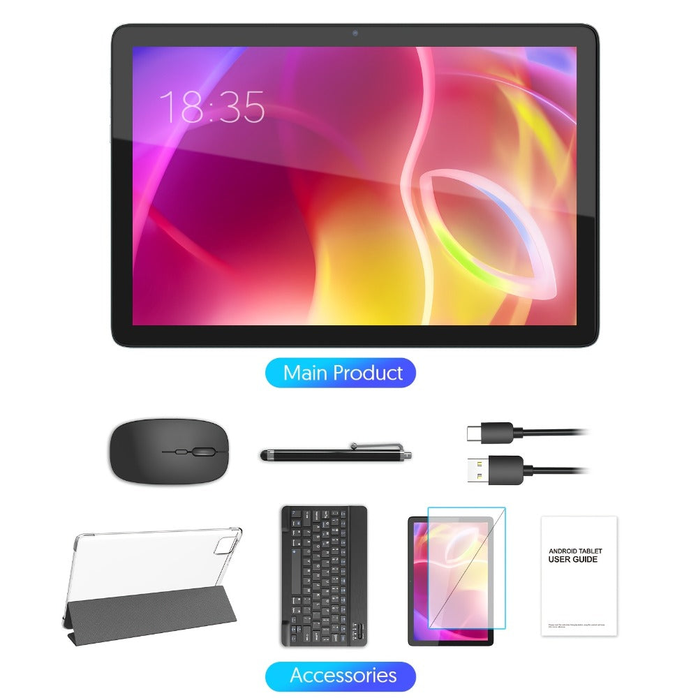 128GB Tablet Android 14 10 Inch 11 Inch 8GB RAM 8000mAh Battery Octa-Core WiFi 6 1TB Expandable 8MP Dual Camera FHD IPS Display Optional Keyboard Set – Grey & Green