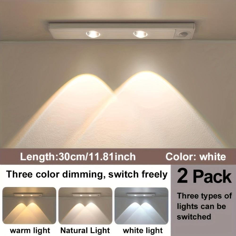 Motion Sensor LED Strip Light USB Rechargeable – 3-Color Dimmable Wireless Night Light for Kitchen, Wardrobe, Cabinet, Shoe Cabinet & Bedroom (20cm / 30cm / 40cm / 50cm, 1 or 2 Pack)