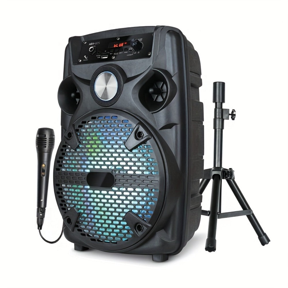 1100W Party Speaker with 7-Mode LED Lighting & Microphone – Portable Wireless Subwoofer, 8-Inch Bass Driver, Speaker Stand, 1800mAh Rechargeable Battery, TF USB AUX FM for Outdoor Parties & Karaoke