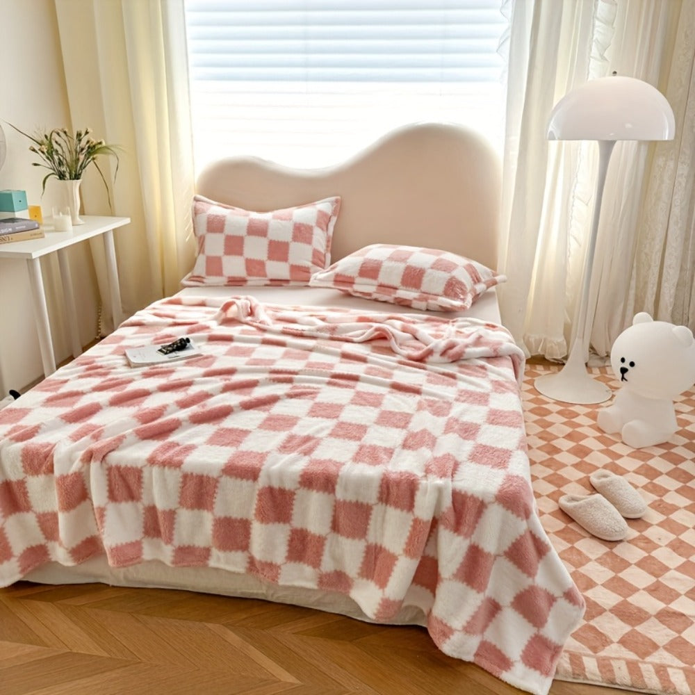 French Plaid Double-Sided Flannel Blanket – Soft Panda & Grid Pattern Throw for Sofa, Bed & Travel, Machine Washable, 6 Designs, 4 Sizes