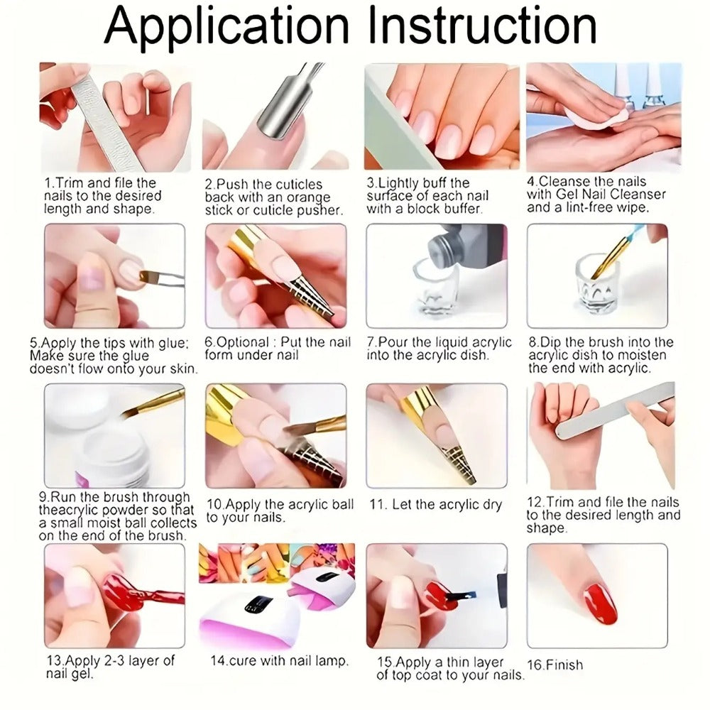 Acrylic Nail Kit 23-in-1 Complete Set with 12 Glitter Colors White & Pink Powder - DIY Nail Extension System No Glue No Liquid Needed for Beginners & Pros, Home Salon Manicure Kit for Women